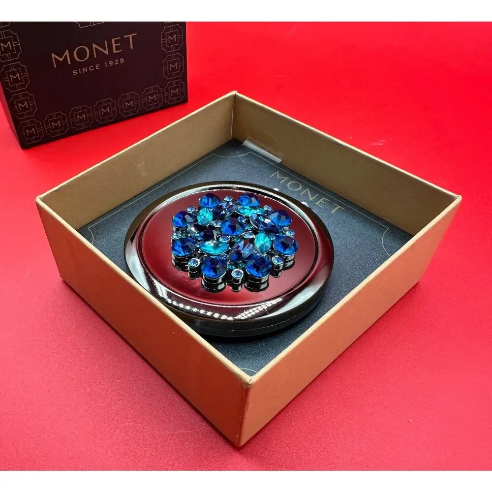 Monet Brilliant Cluster Blues Jewels Rhinestones Double Mirrors Compact Case NEW